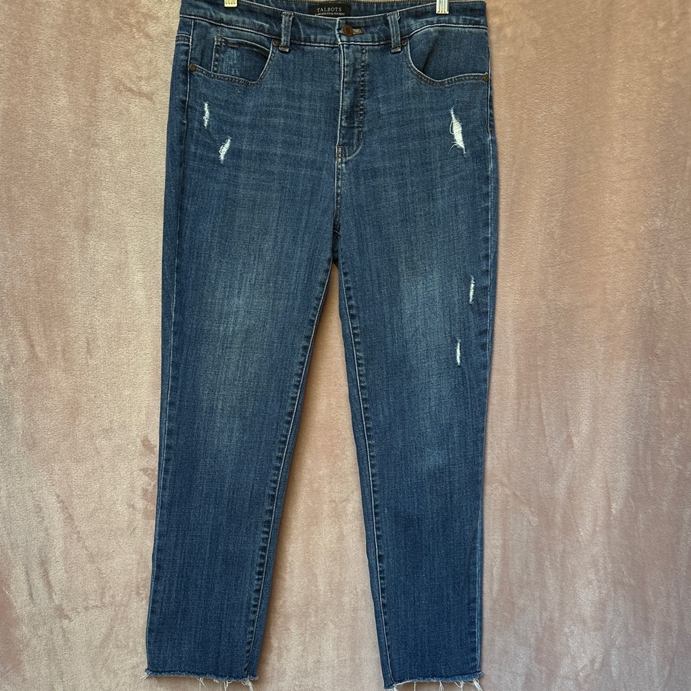 Talbots Flawless Five-Pocket Dark Blue Distressed Cropped Ankle Jeans